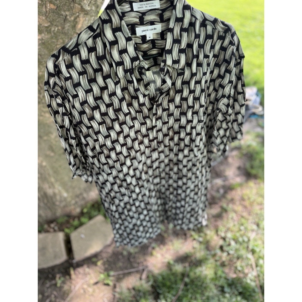Pierre Cardin‎ Men's Rayon Short Sleeve 100% Rayon Black And Tan Button Down